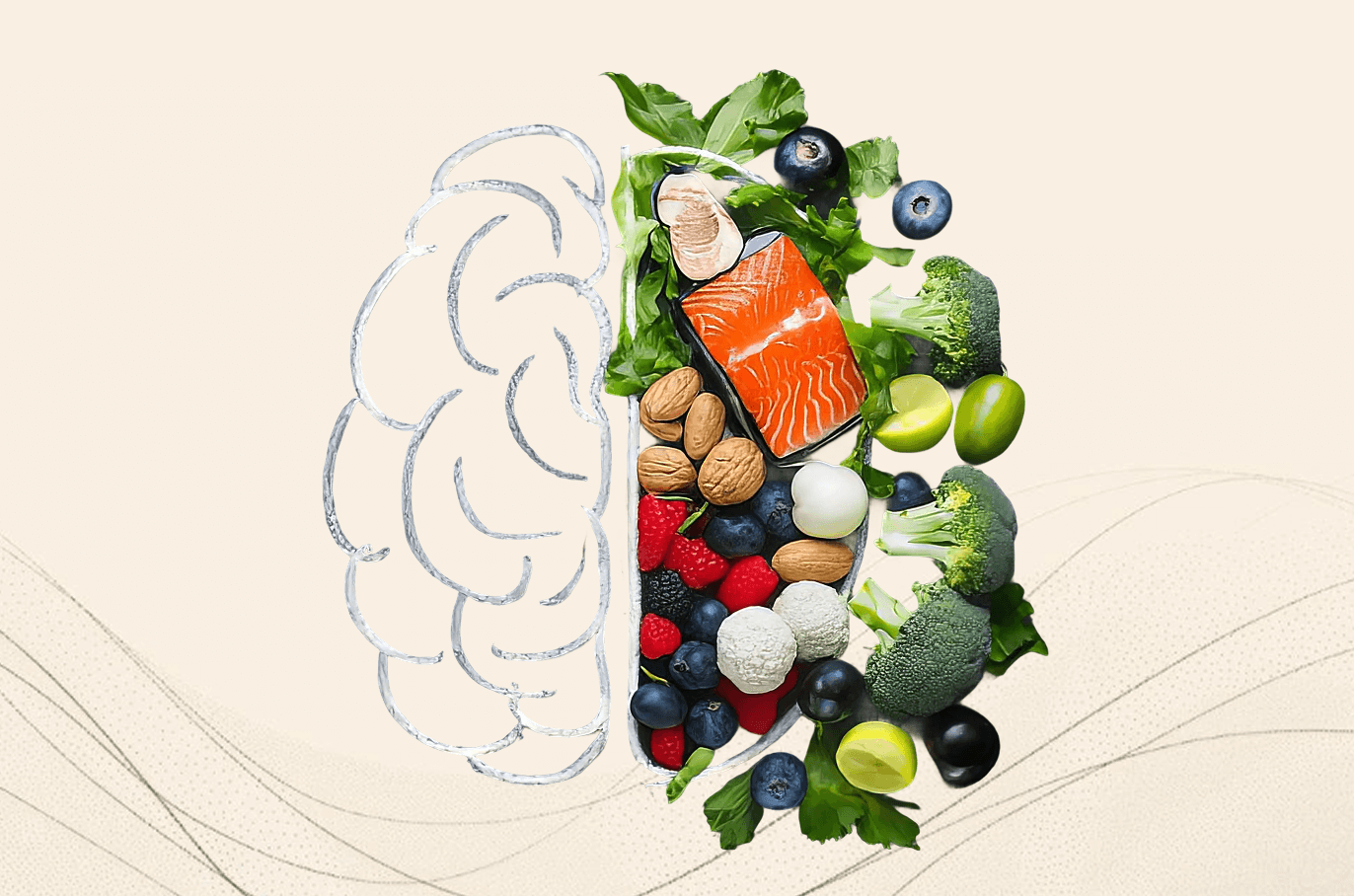 Stylized brain with left half drawn, right half made of salmon, nuts, berries, and leafy greens