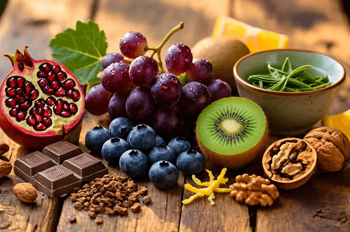 Colorful mix of fruits, nuts, and chocolate on rustic wood, highlighting freshness and natural textures