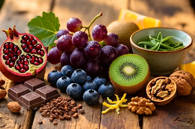 Colorful mix of fruits, nuts, and chocolate on rustic wood, highlighting freshness and natural textures