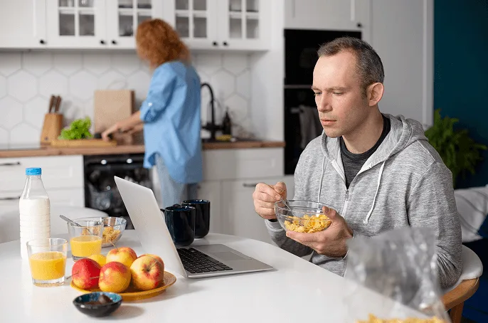 Modern kitchen breakfast scene highlighting nutrient deficiency with cereal, juice, and fresh produce