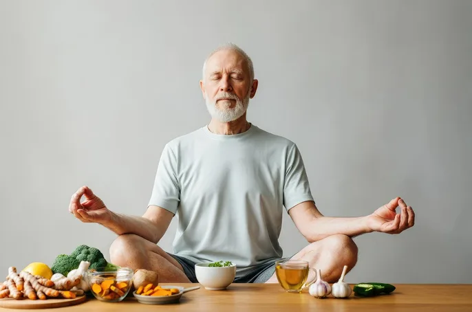 Older adult meditating cross‑legged with turmeric, broccoli, garlic, lemon, herbs, and tea on table