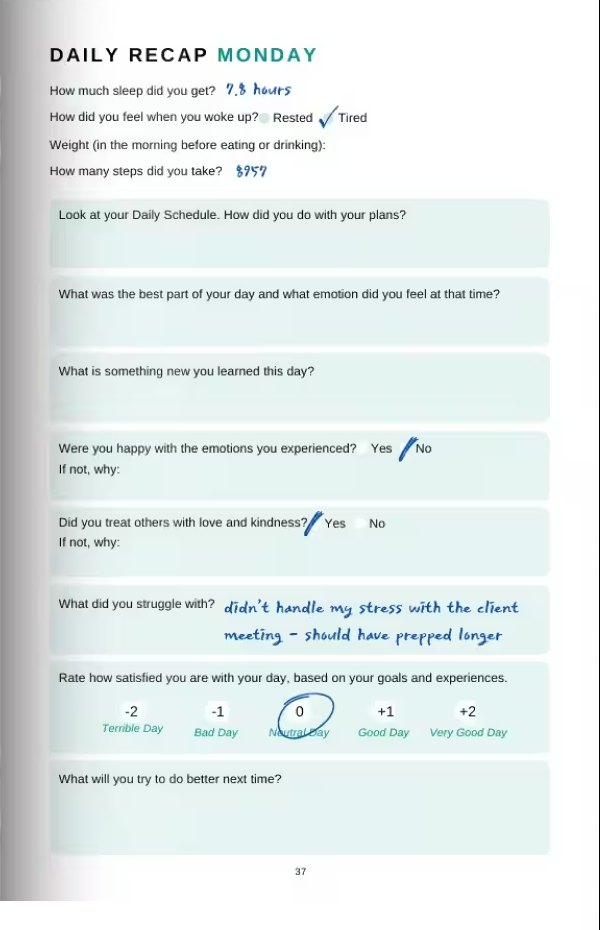 The Daily Recap page with questions about sleep, steps, the best part of the day, and a rating for the day