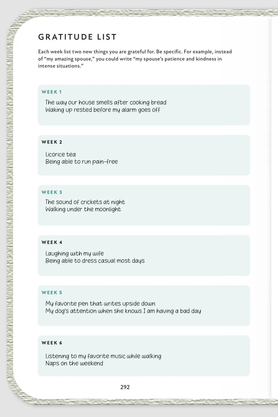 Gratitude List page for weeks 1 to 6