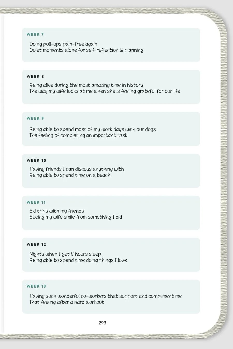 Gratitude List page for weeks 7 to 13
