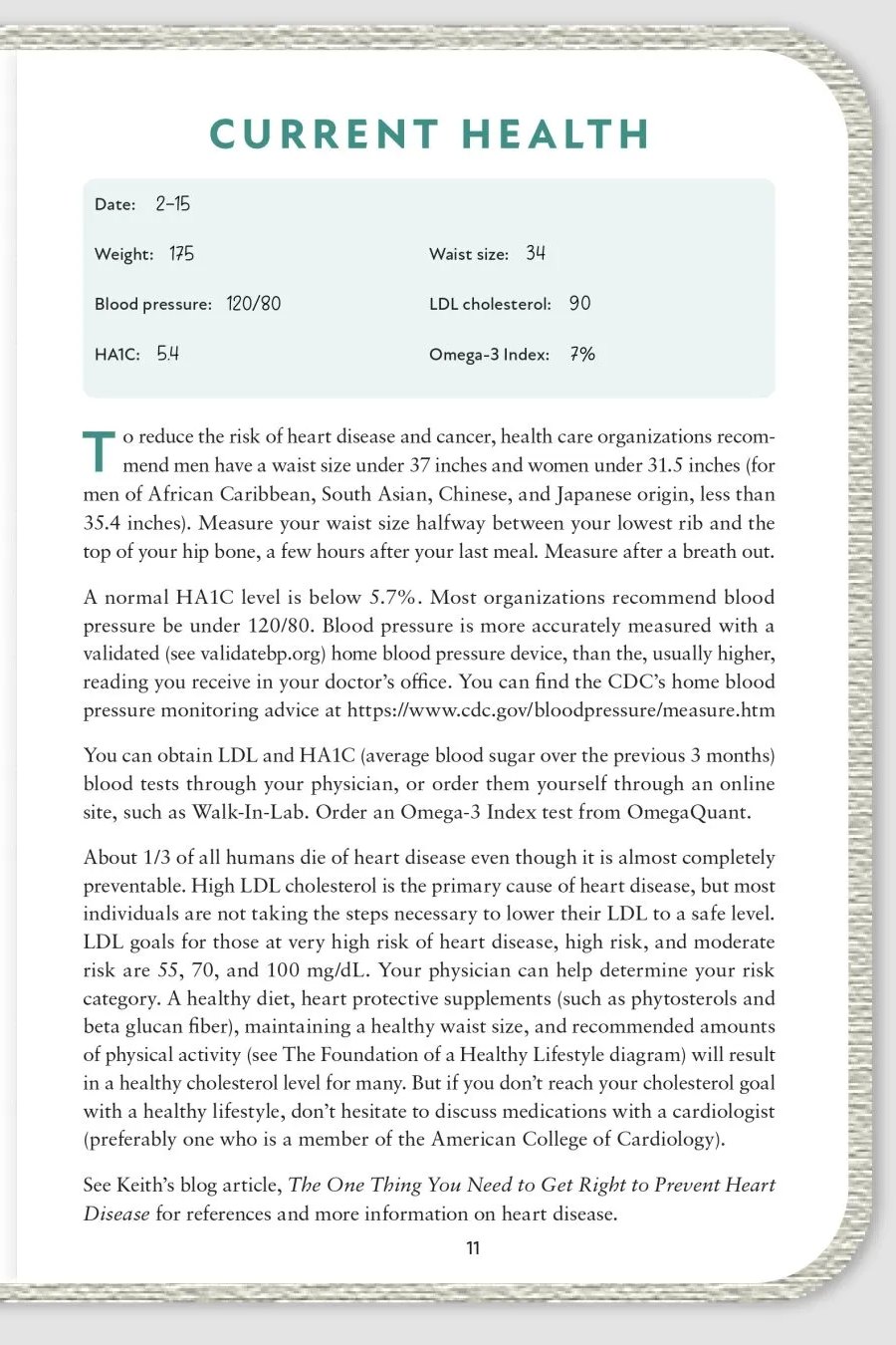 The Current Health page with spaces for weight, waist size, blood pressure, LDL cholesterol, A1C, and omega-3 level, plus the healthy range for each