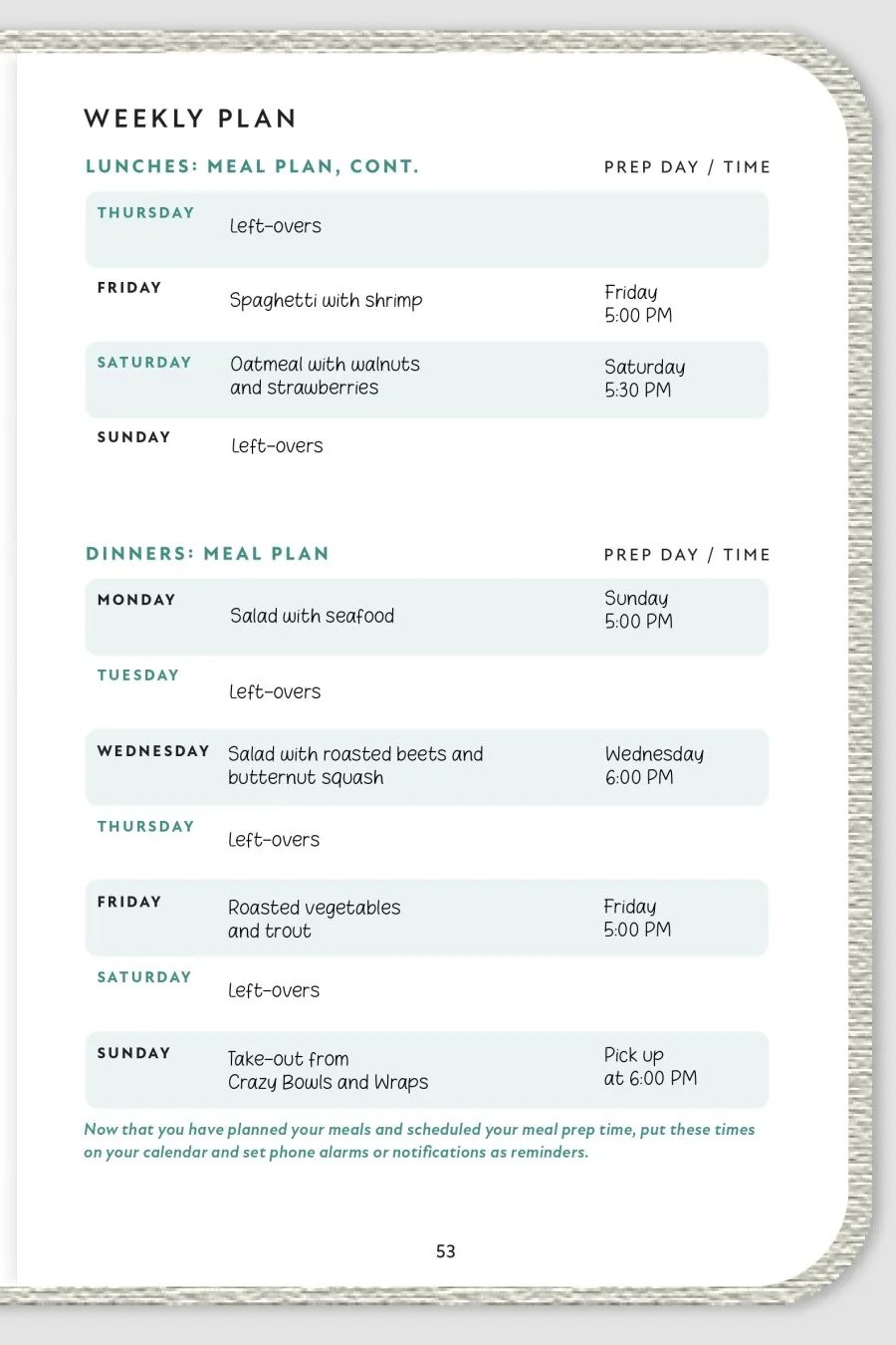 Weekly Plan page with the rest of the lunches and every dinner planned, with prep days and times